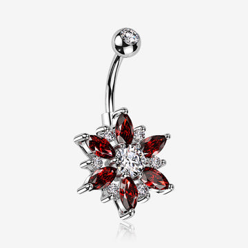 Brilliant Marquise Petal Flower Sparkle Belly Button Ring-Clear Gem/Red